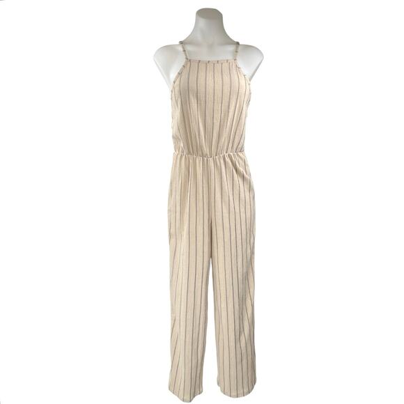 Bershka Women's Beige Black Striped Sleeveless Wide Leg Tank Jumpsuit Size M - Picture 1 of 5